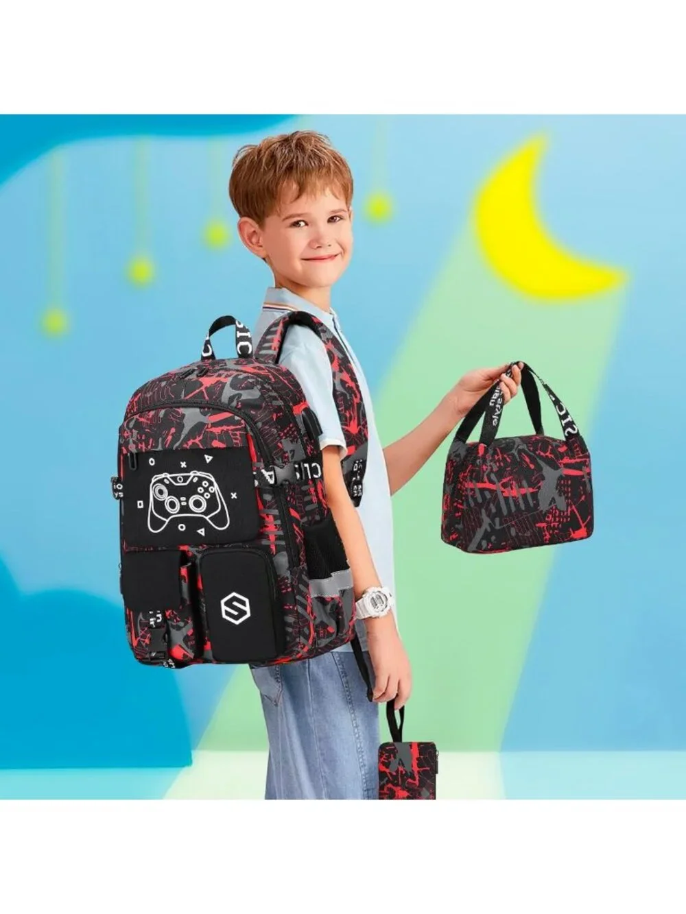 Cool Luminous Boys Backpack Set with Lunch Bag & Pencil Case, USB Charging Port